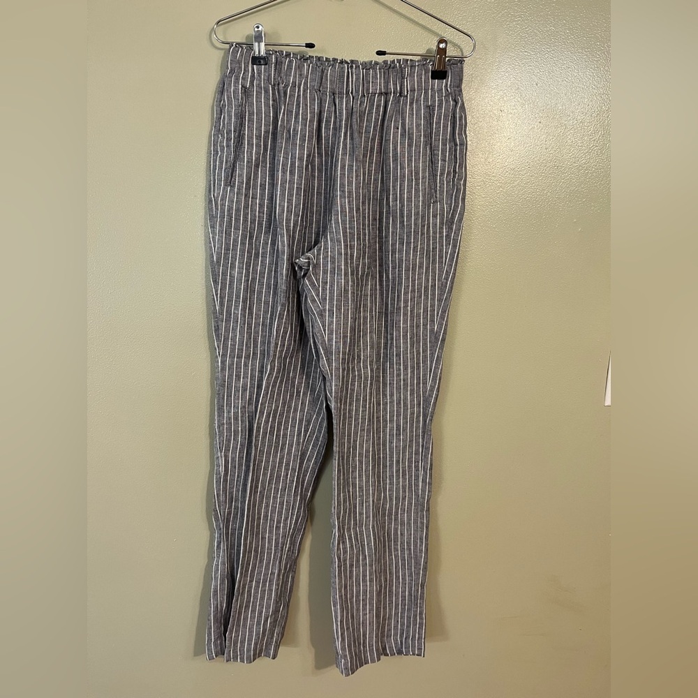 Tahari 100% Linen Straight Striped Gray Womens Pants Pockets Pull On S New